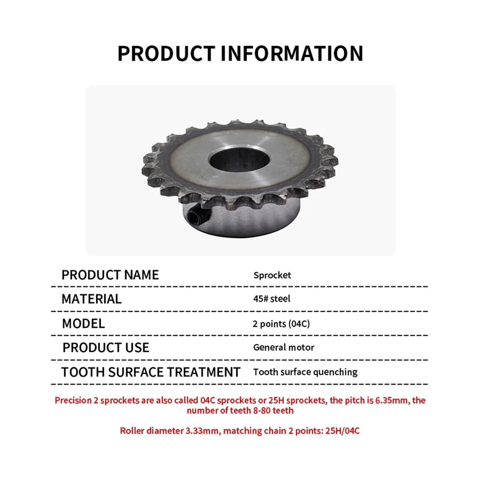 Piñones de cadena de acero, piñón de 2 puntos, 04C, 25H, 8 dientes a 37 dientes de piñón de dientes 45 # Paso de acero 6,35 mm transmisión CNC (1 ud, 33T D69)