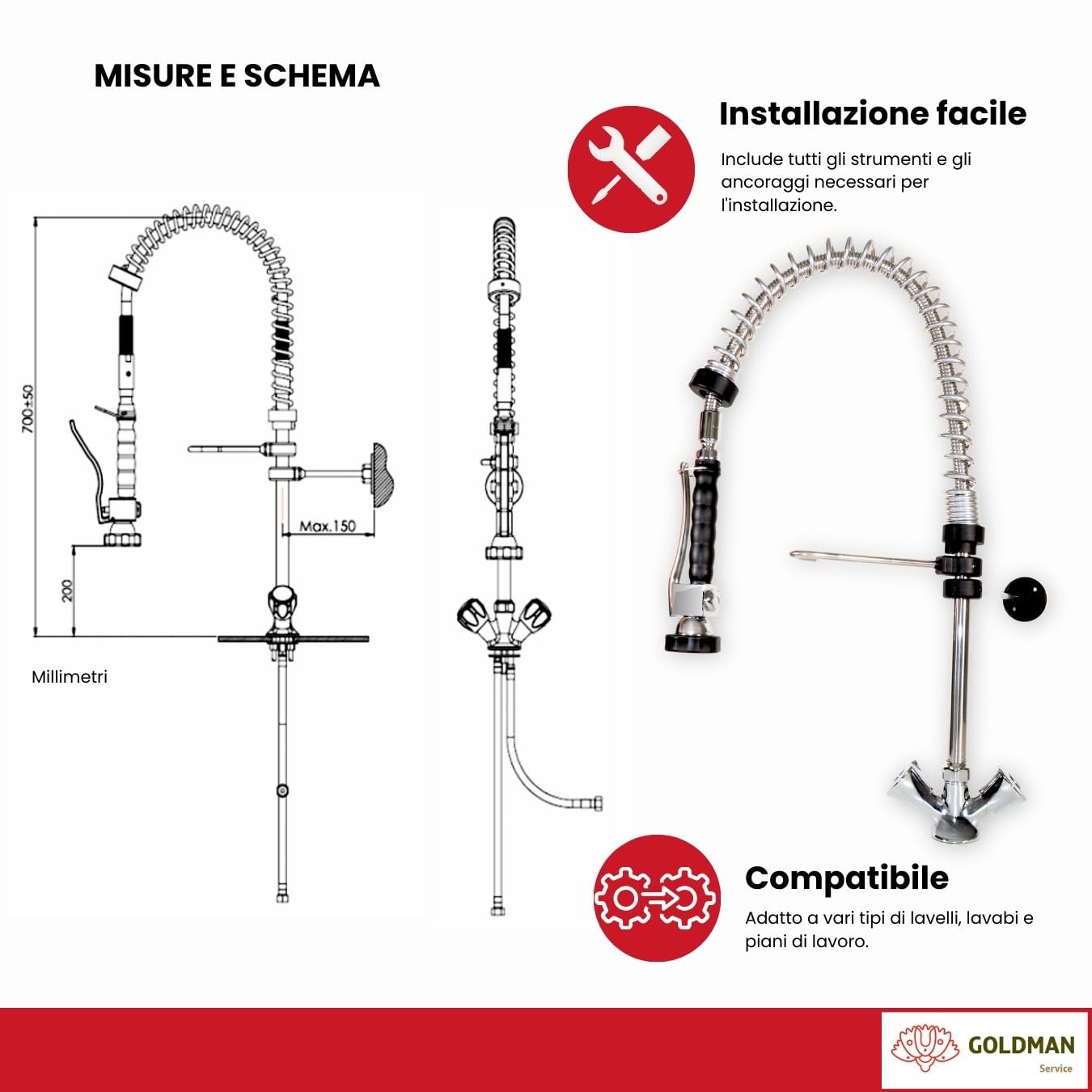 GOLDMAN SERVICE | Rubinetto a Pomello Estraibile per Lavello da Cucina con Doccia a Spray. Usi Industriali, Alberghieri e Domestici.