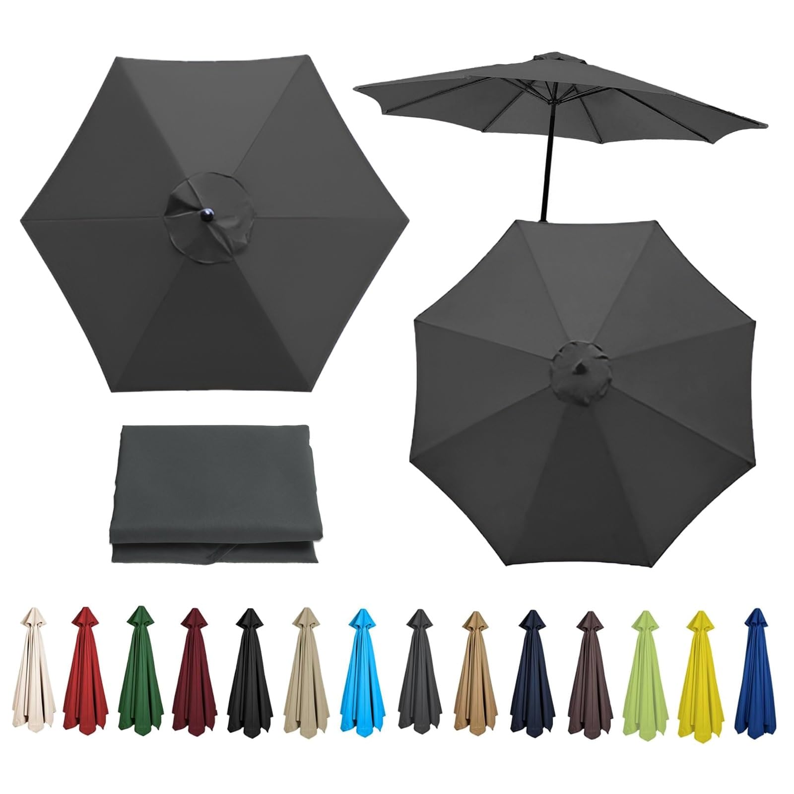 Replacement Parasol Canopy For 200cm - 6Ribs, 270cm - 6Ribs, 270cm - 8Ribs, 300cm - 6Ribs, 300cm - 8Ribs, UV Protective, Waterproof, Canopy Cover Fit Outdoor Garden Market Table Parasol(Color:Gray,Siz