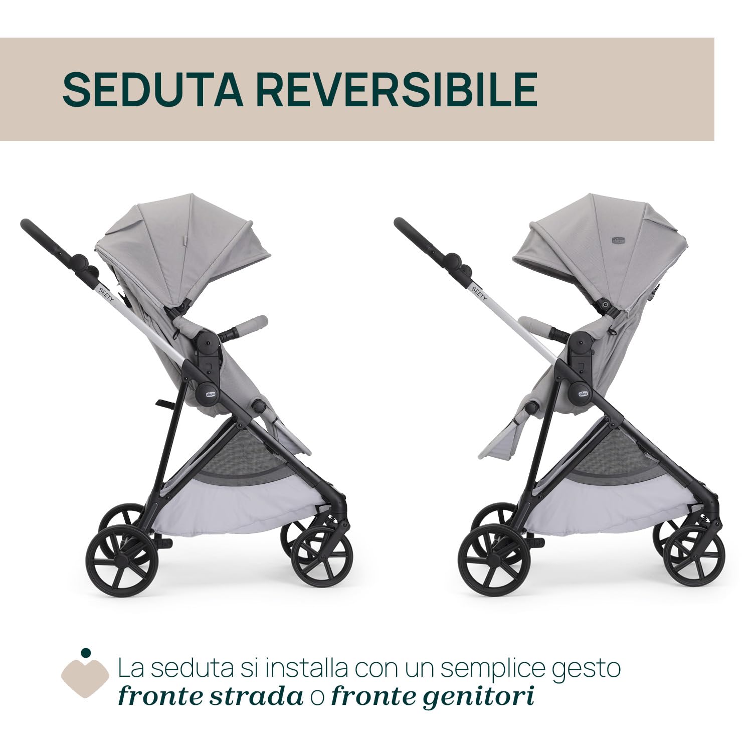 Chicco Passeggino Seety, Passeggino Leggero e Compatto Da 0 Mesi a 4 Anni, Portata Max 22kg, Passeggino Pieghevole, Schienale Reclinable, Chiusura Automatica in 1 Gesto, Capotte Parasole e Parapioggia