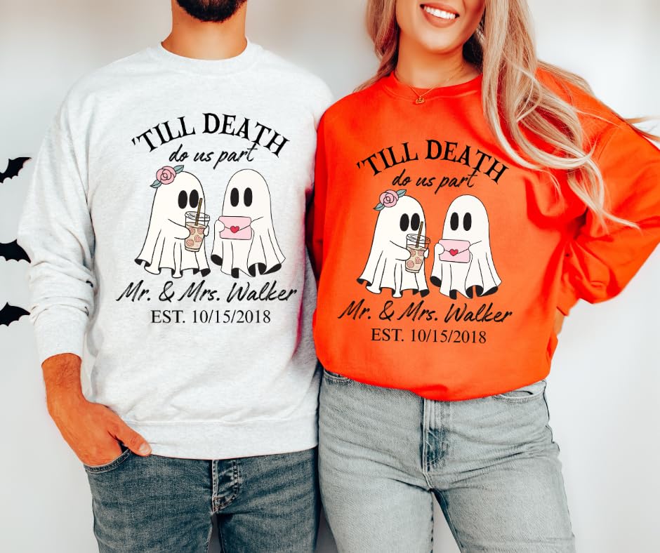 Till Death Do Us Part Personalized Couple Sweatshirts – Matching His & Hers Halloween Pullover with Fun Ghosts, Custom Mr & Mrs Names and Date, Wedding Anniversary or Engagement Gift White4