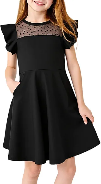 Little Bitty Girls Dress Summer Wedding Guest Ruffle Sleeve Mesh A Line Casual Skater Party Dresses with Pockets 3-8 Years