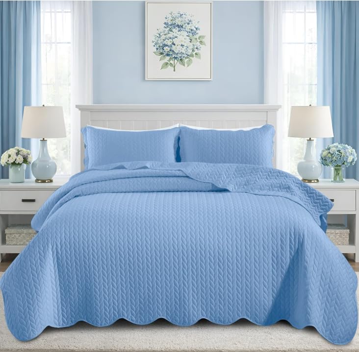 King Quilt Set Bedspread Coverlet Bedding Leaf Light Blue 106"x96"