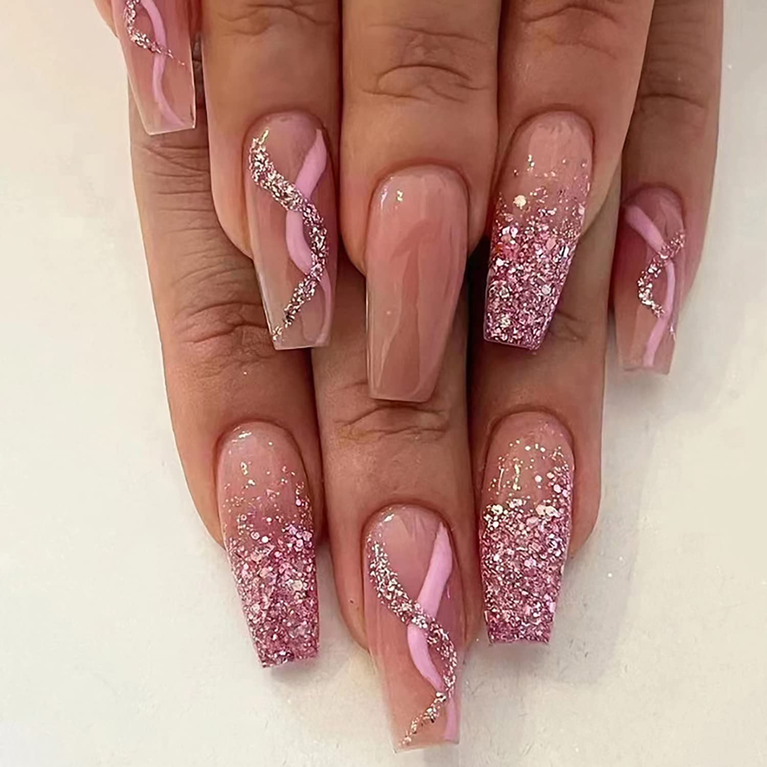 Coffin Press on Nails Long Square Fake Nails Pink Glitter Lines Design Nail Art Supplies Full Cover Artificial Glue on Nails Glossy Glitter Pink False Nails for Women Girl Acrylic Manicure Decorations