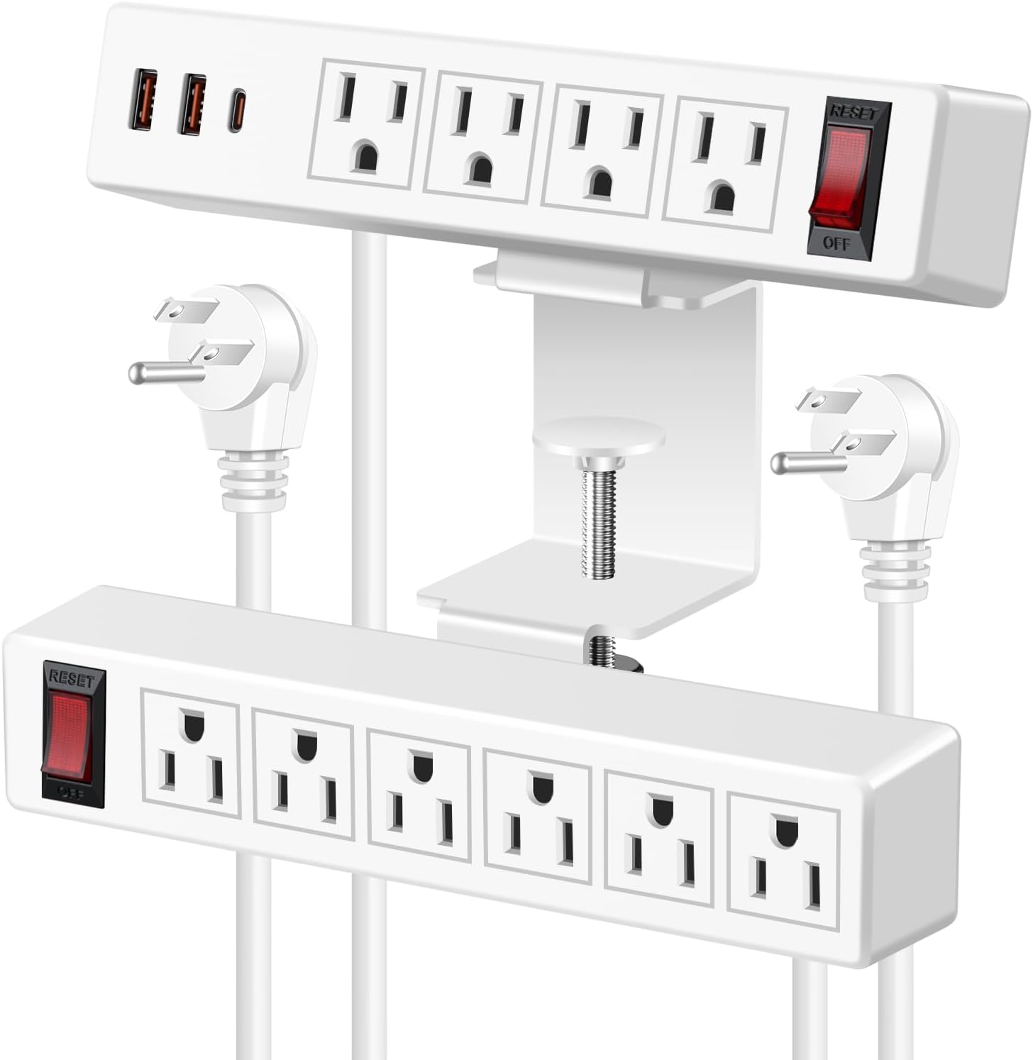 Dual Layer Desk Clamp Power Strip Surge Protector, Under Desk Power Strip with 10AC Outlets & 3 USB(20W USB-C), Desktop Edge Mount Charging Station, 6 Ft Extension Cord for Office Home (ETL Listed)