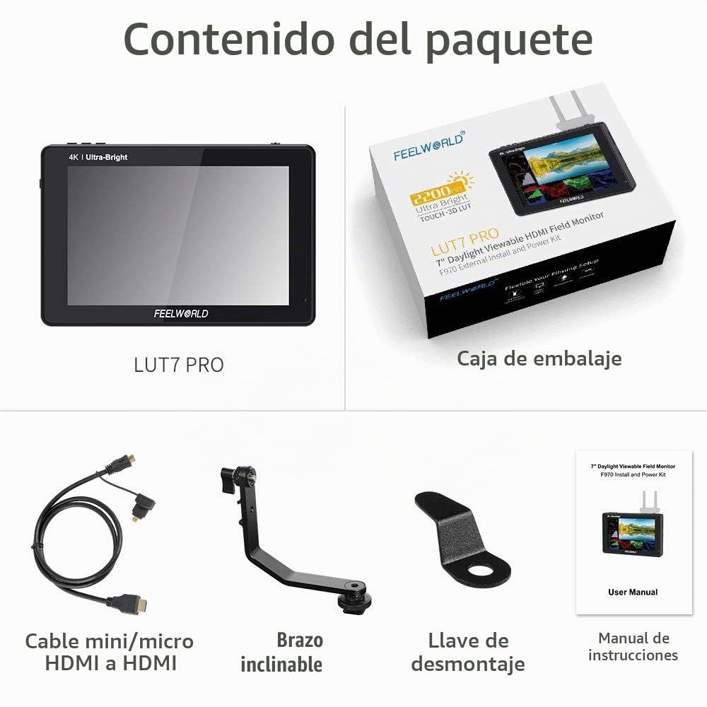 Feelworld LUT7 PRO 7 Pulgadas 2200nits 3D LUT Pantalla Táctil DSLR Cámara Director de Campo Monitor de CA con Forma de Onda F970 Kit de Instalación y Alimentación Externa 4K HDMI Entrada 1920X1200 IPS