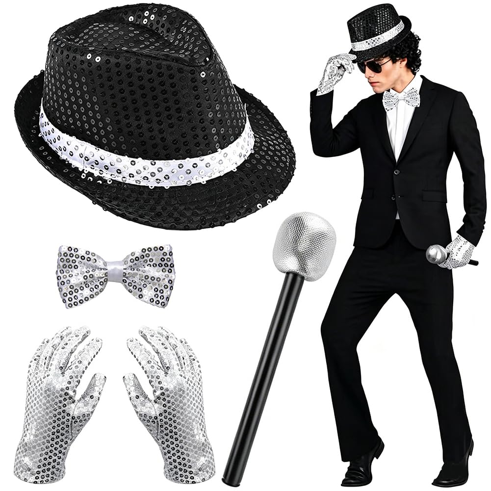 MJ Costume Accessories for Adults Disco Costume Set 80s Dancer Rocker Star Cosplay Fancy Dress Accessories with Jazz Sequin Hat Glove Bow Microphone King of Pop Fancy Dress Set for Carnival Party-E — image 1