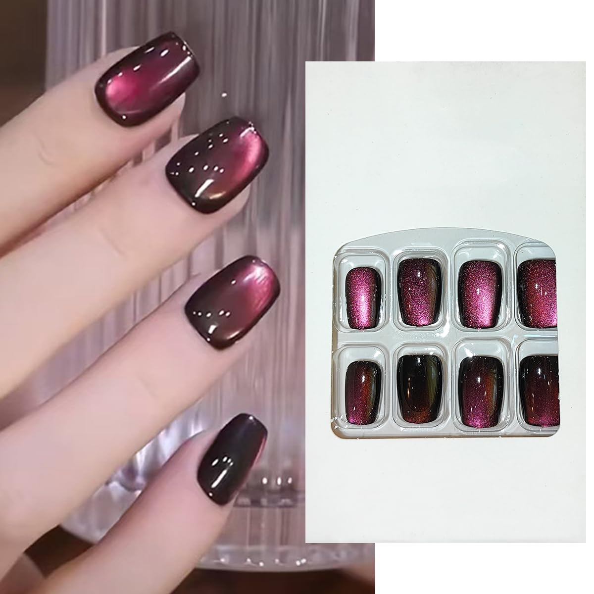 S.A.V.I Cat’s Eye Dark Wine Coffin Shape Press On Nails for Women | 24pcs Medium Length Artificial Nail Tips with Glue & Adhesive Tabs | Glossy Magnetic Effect Fake Nails for DIY Nail Art-image-22