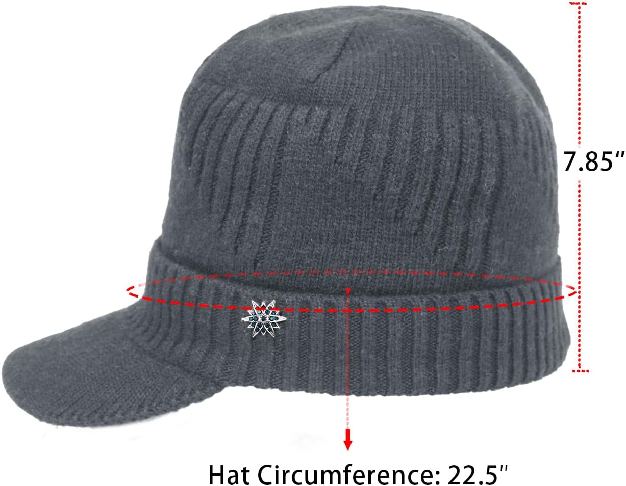 Dahlia Men's Beanie with Visor - Wool, Winter Hat w/Brim, Fleece Lined