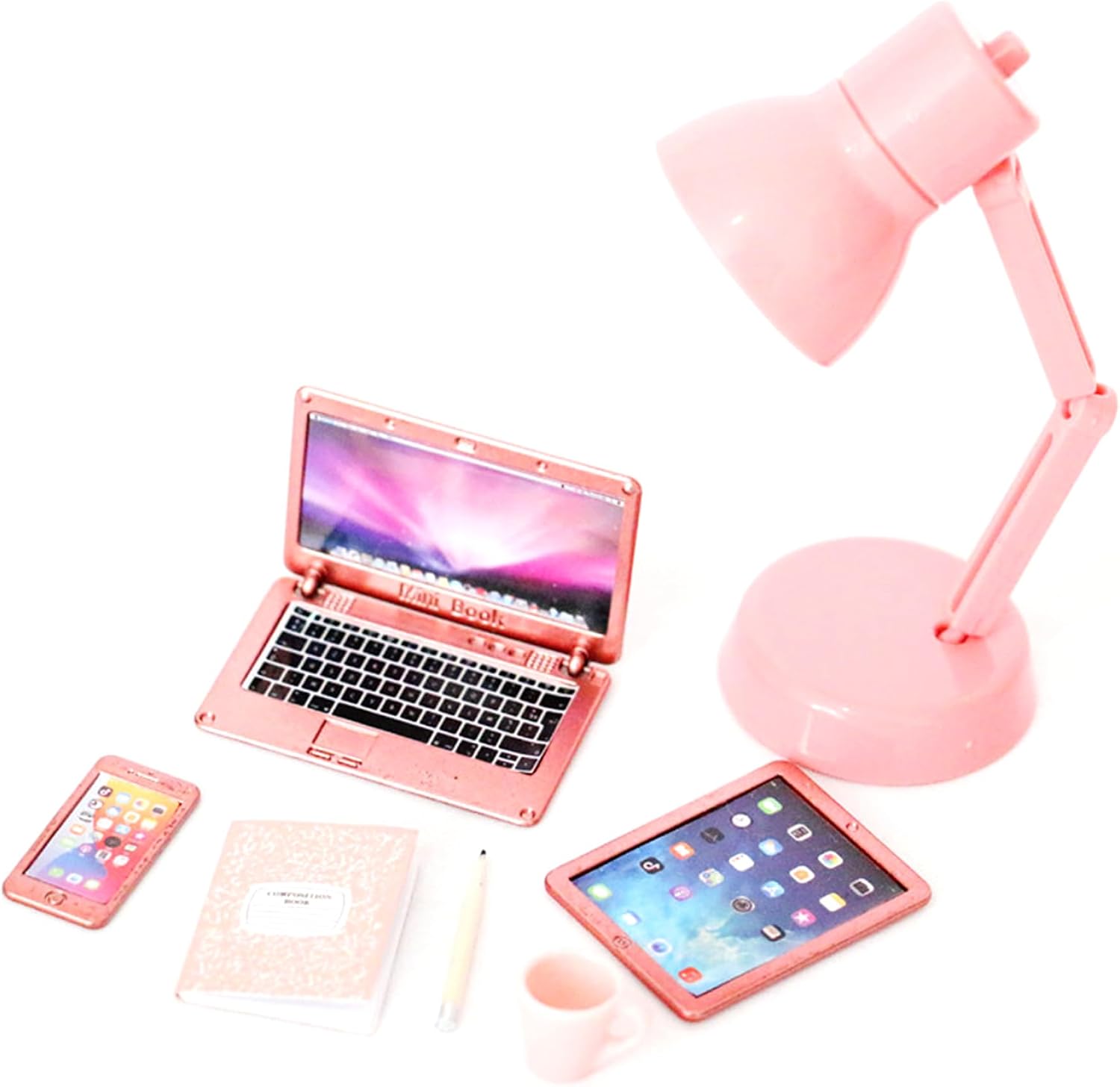 Mini Laptop|6Pcs/Set Dollhouse Accessories, Mini Laptop Tablet Phone Books Cup Pencil, Miniature Office Set Realistic 1/12 Scale Accessories for Dollhouse Crafts Scene