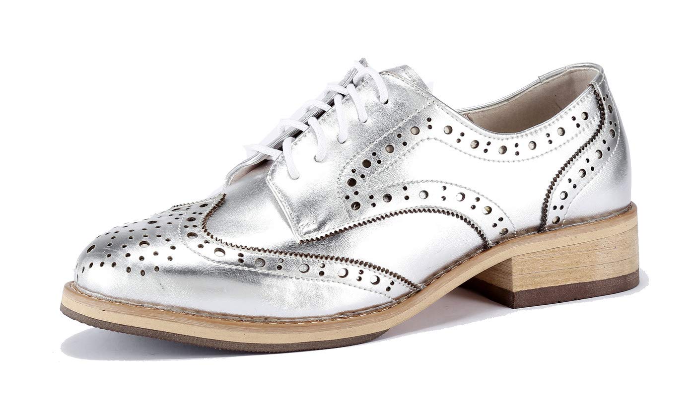 U-lite Women's Perforated Lace-up Wingtip Multicolor Leather Flat Oxfords Vintage Oxford Shoes