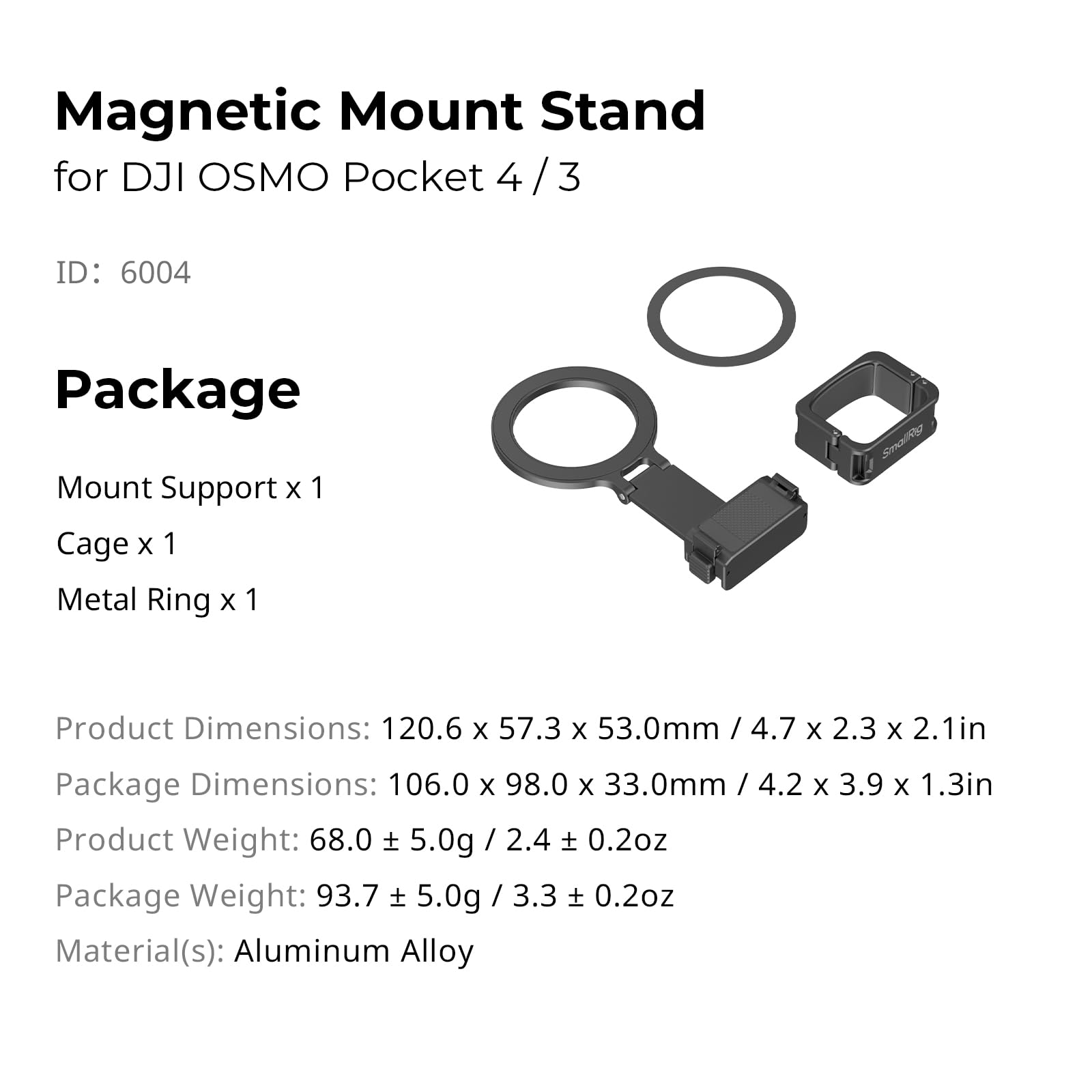 SMALLRIG Gabbia magnetica per DJI Osmo Pocket 4/3, adattatore di espansione in lega di alluminio con interfaccia a sgancio rapido bidirezionale, anello magnetico regolabile per cellulare – 6004