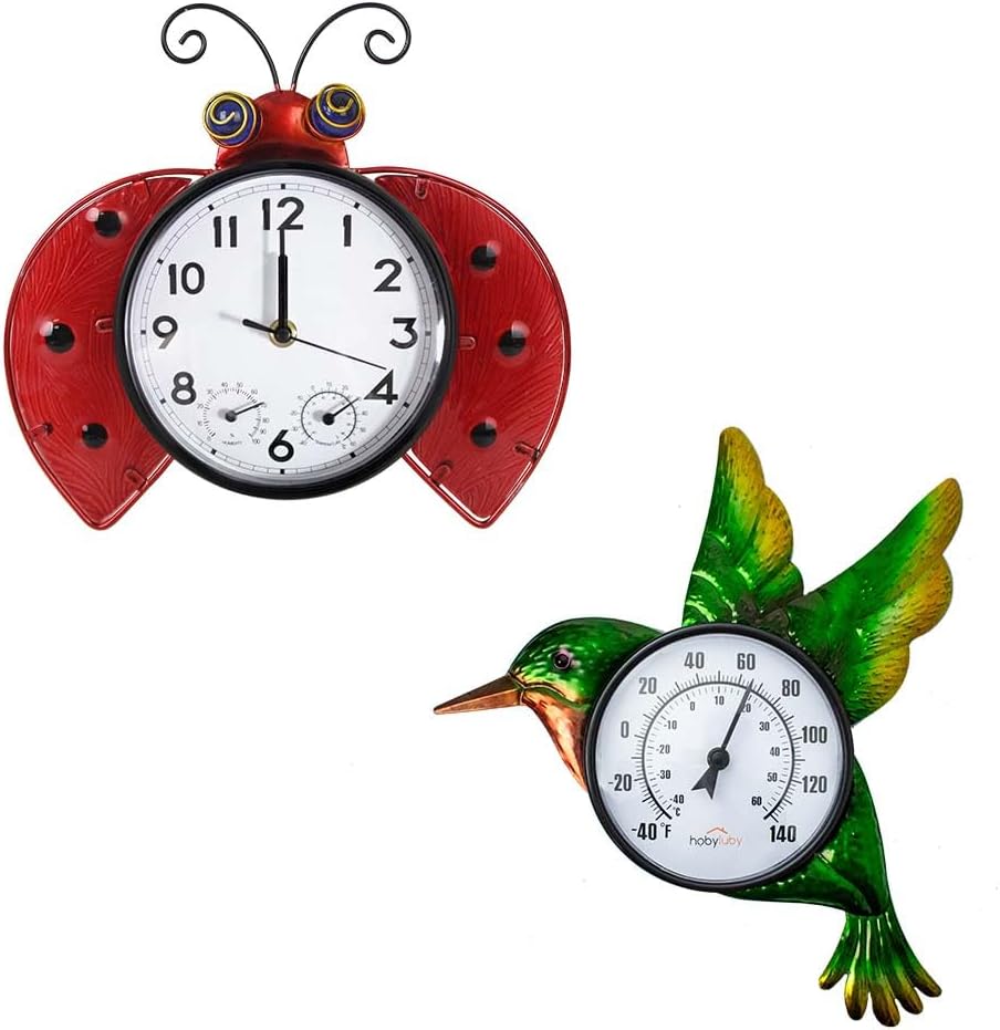 Outdoor Clock & Outdoor Thermometer, Ladybug Wall Clock Silent Non-Ticking and Hummingbird Wall Thermometer with Humidity for Garden, Home Decor