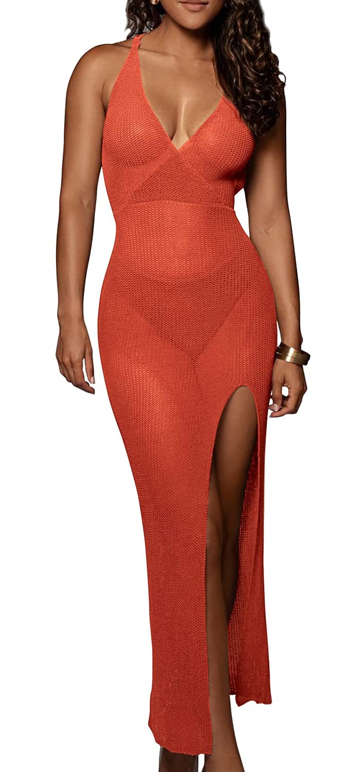 NLAND Vestido de Playa de Las Mujeres de Punto sin Espalda Bikini Cover Up Playa de Verano con Cuello en V de Largo