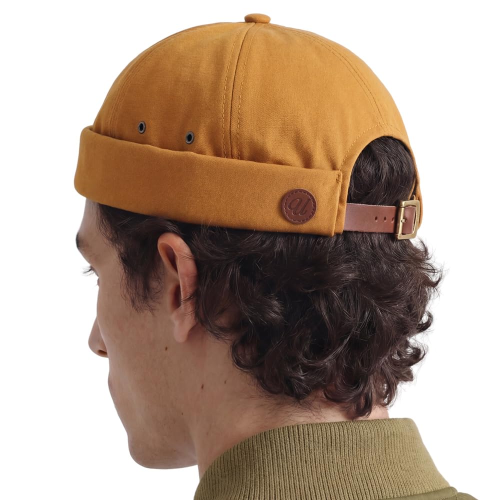 Vintage Brimless Sailor Fisherman Leon Hat Miki Skull Docker Leather Strap Beanie Cap for Men & Women Korea