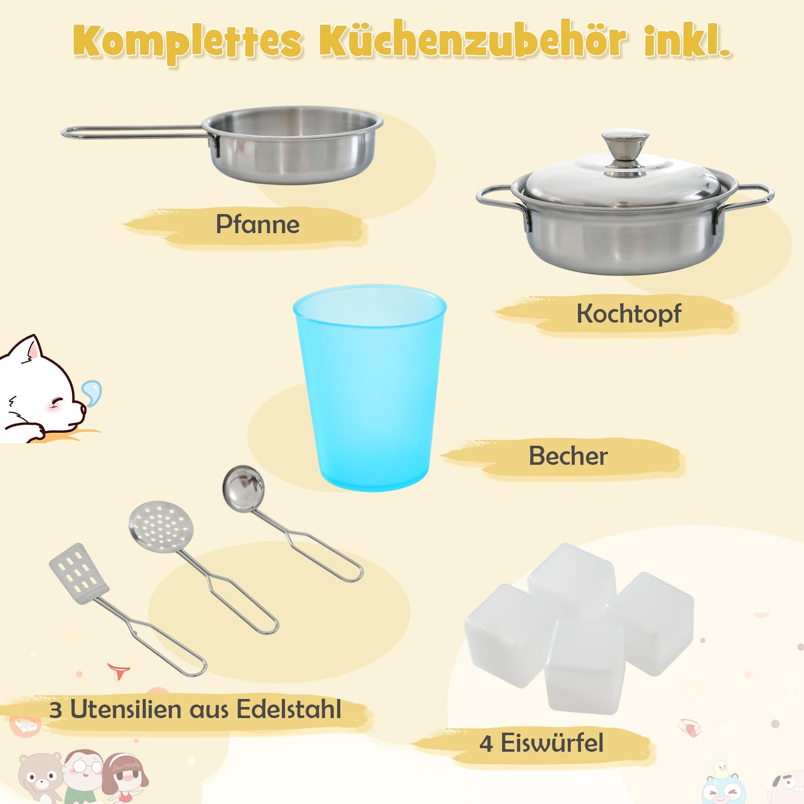 DREAMADE Kinderküche Holz mit Zubehör, Kinderspielküche Holzküche mit Herd Geschirrspüler Eismaschine Kühlschrank mit Tafel, Spielküche für Jungen und Mädchen ab 3 Jahren (Weiß)