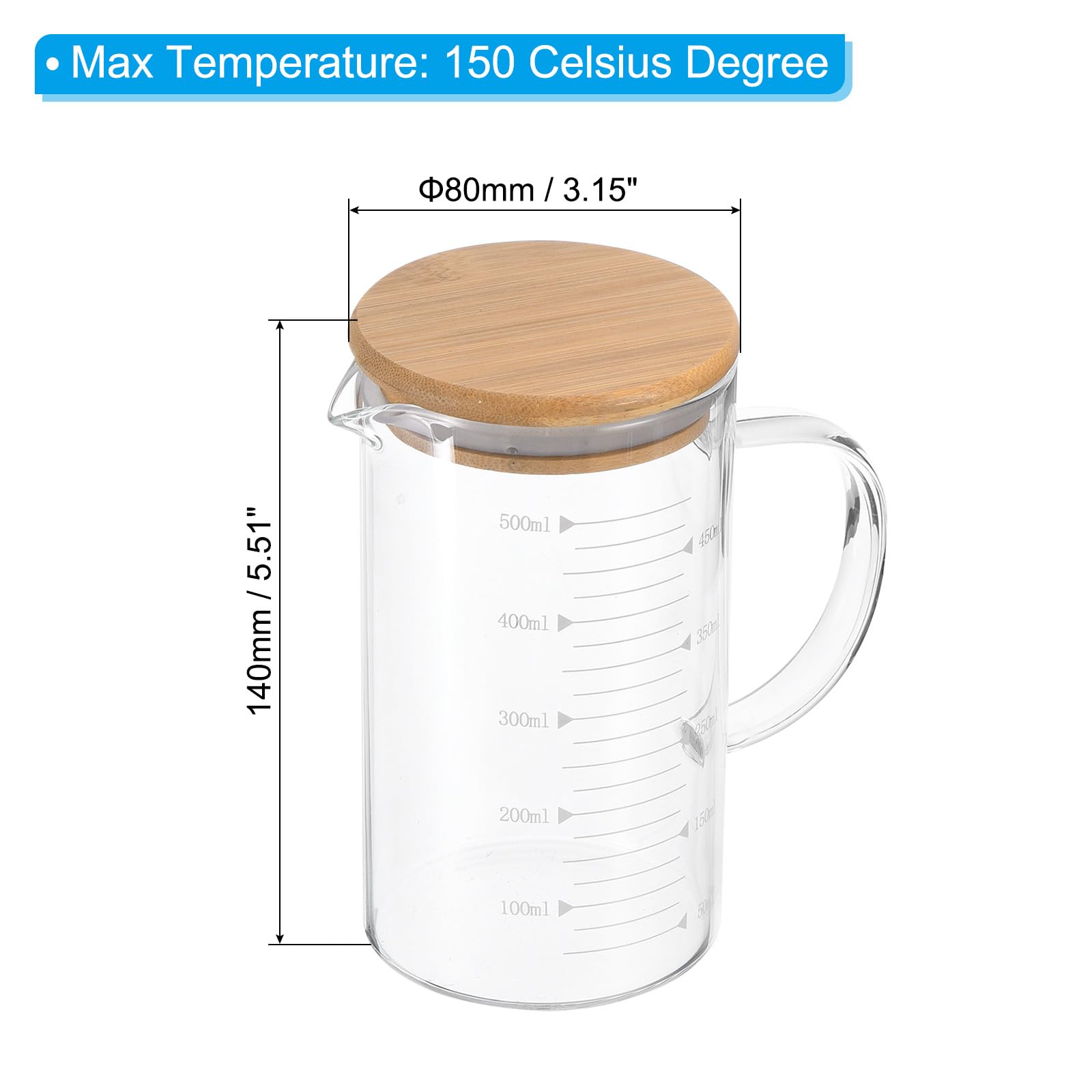 PATIKIL Vaso Medidor de Vidrio de 500ml, Pack de 2 Tazas Medidoras de Vidrio Borosilicato 3.3 con Escala Impresa Blanca Graduada para Medir Líquidos con Tapa de Madera y Pico en V