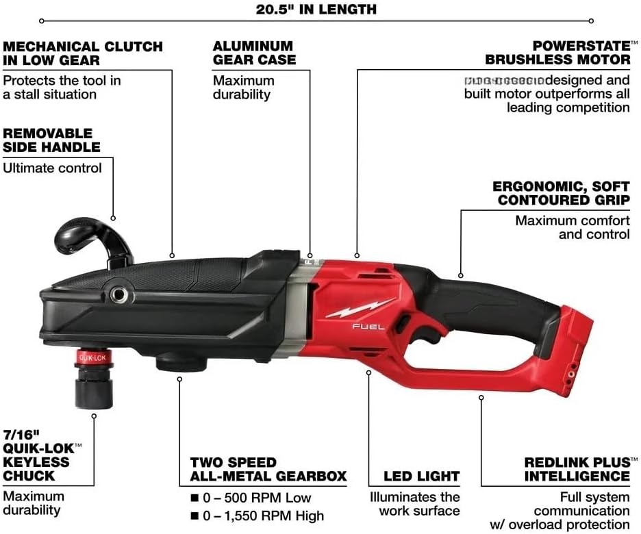 2811-20 Power Right Angle Drills Fits Milwaukee M18 FUEL Brushless Right Angle Drill Red - Bare Tool