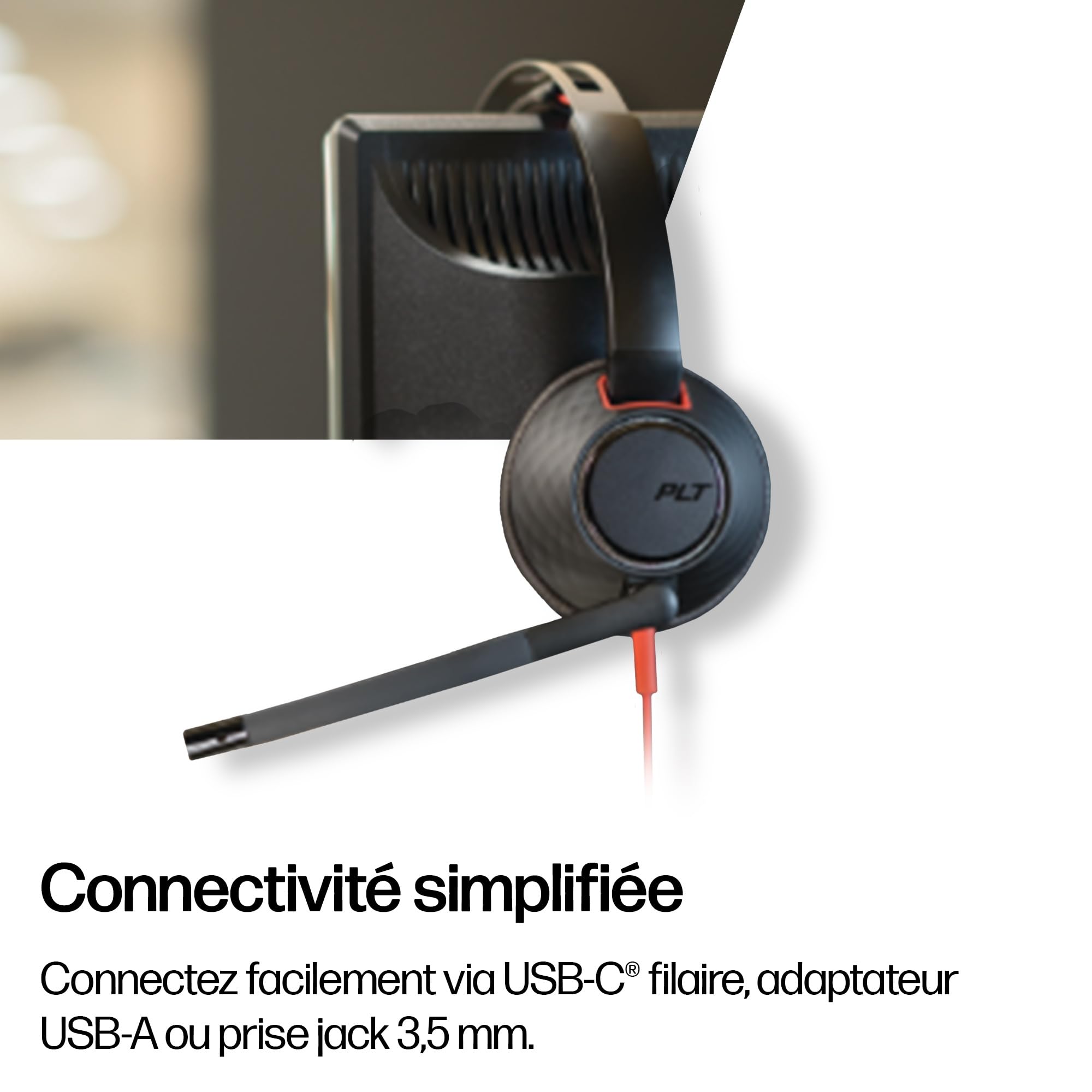 Micro-casque filaire Poly Blackwire 5220 – Perche microphone antibruit flexible – Conception ergonomique – Connexion à un PC/Mac, téléphone portable via USB-C, USB-A ou prise Jack 3,5 mm