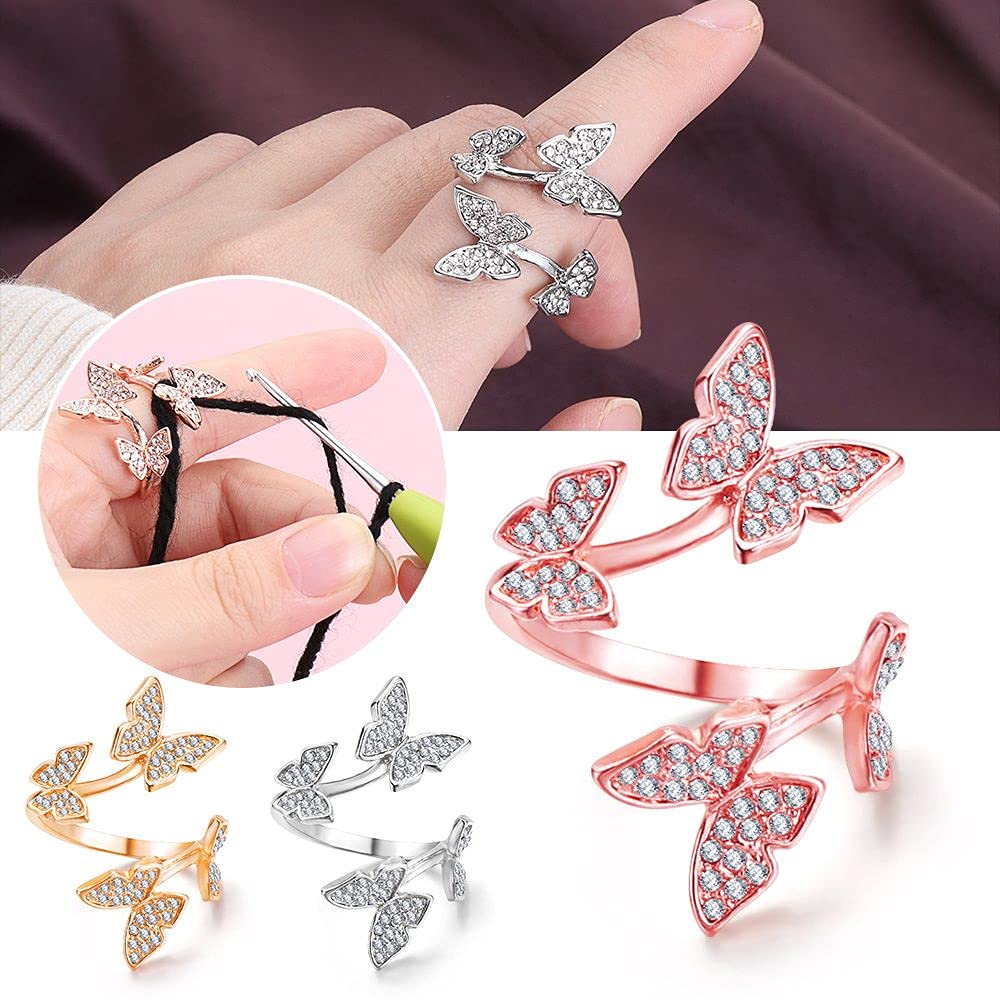 gofidin 3 Pcs Butterfly Adjustable Knitting Loop Crochet Knitting Ring Finger Wear Thimble Yarn Guides Knitted Ring Accessories