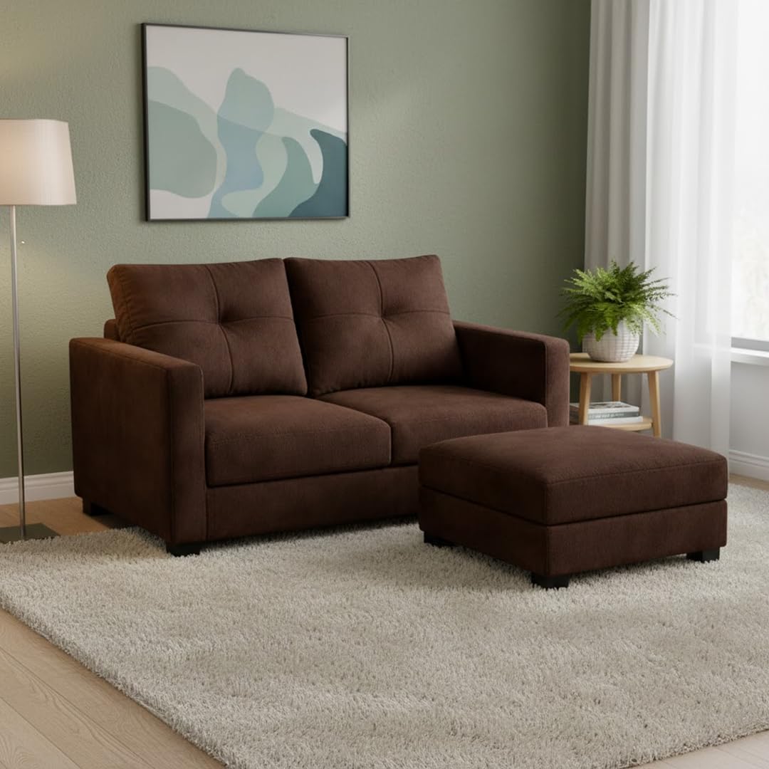 FURNY Heritage 2 Seater Fabric Sofa Set with 1 Ottoman (Dark Brown) with Velvet Finish | Durable Comfort | Ideal for Living Room.-image-24