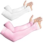 YESLIFE 2 Pairs UV Sun Protection Arm Sleeves for Men & Women - Tattoo Cover Up - UPF 50 Cooling Sports Sleeve for Basketball Golf Running (White & Pink)