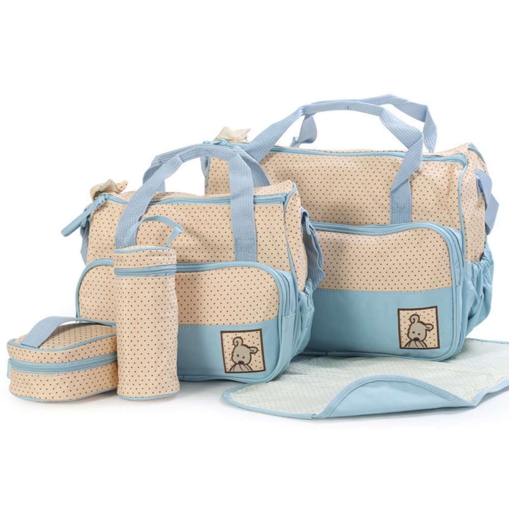 5PCS Baby Nappy Diaper Bags Set Mummy Diaper Shoulder Bags with Nappy Changing Pad Insulated Pockets Travel Tote Bags for Mom Dad (Light Blue)