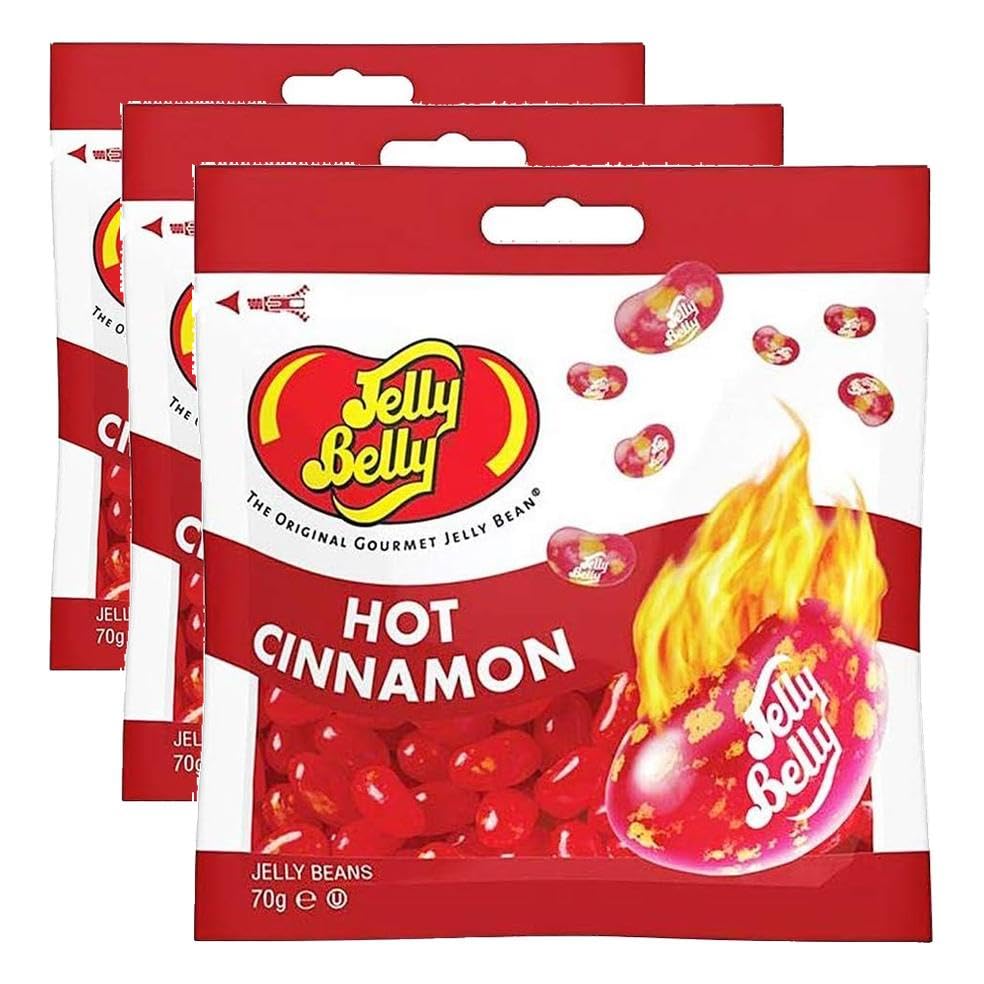 Jelly Belly Beans, grajeas con sabor a canela picante, bolsa de 70 gramos, caramelos masticables en forma de judías (Paquete de 3)