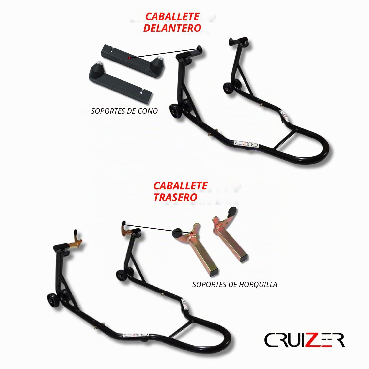 Cruizer - Plataforma elevadora delantera para motocicleta con fijaciones cónicas y horquillas, ruedas inferiores y barras laterales de refuerzo