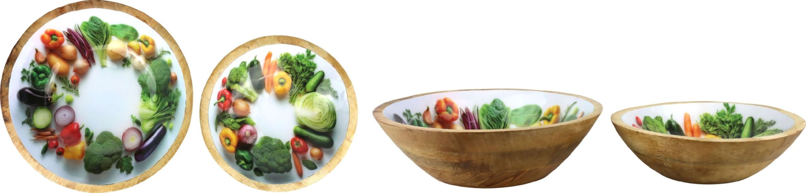 Schalen-Set Vegetable – 2 runde Mangoholzschalen mit glänzendem Gemüsedekor innen, Ø30x10 und Ø26x8 cm, naturfarben, dekorativ & vielseitig
