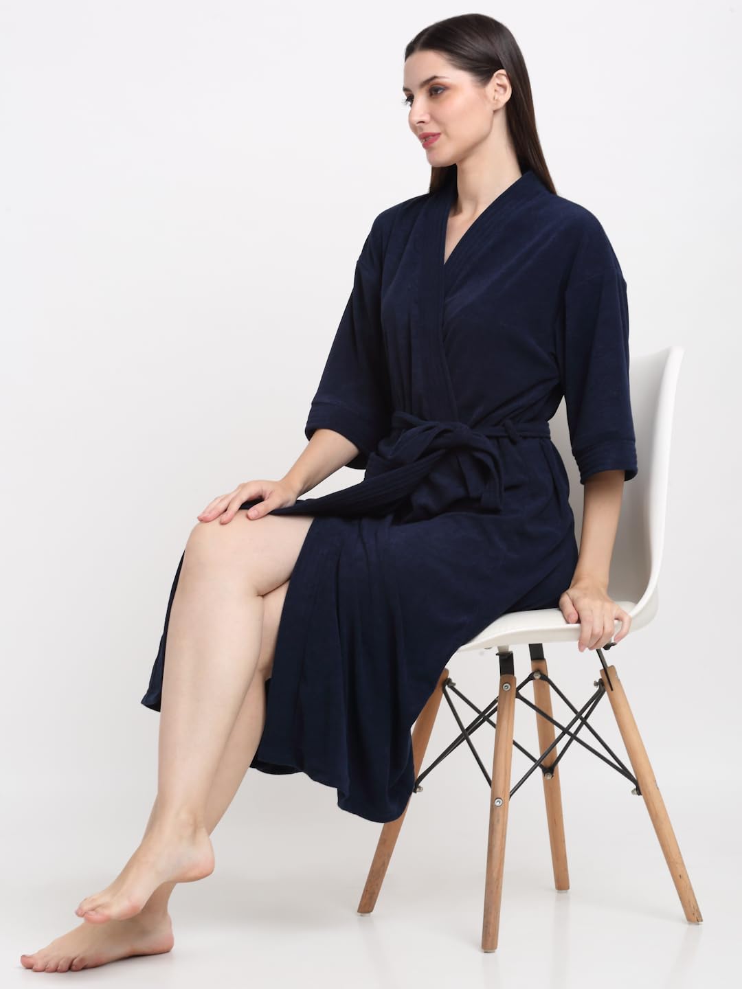 CREEVA Everyday Unisex Micro Terry Bathrobe Collection With kimono collar and 1 Pocket, 3/4 Sleeve Bath Robe Super Soft Light Weight - Navy - Image 4 thumbnail