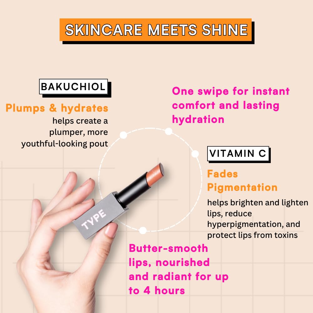 TYPE BEAUTY INC. Light Up Lip Oil Stick with Bakuchiol & Vitamin C | Brightening and Hydrating Lip Care Gloss | Reduces Pigmentation and Glossy Shine | Lip Oil For Women | 606 Black Cherry - 2.5g 4