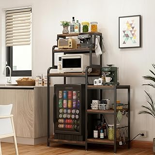 7-Tier Kitchen Storage Rack, Mini Fridge and Microwave Stand with AC/USB Outlets, Metal Frame, Walnut Brown MDF Shelves, Utility Cabinet for Kitchen, Living Room, Dorm