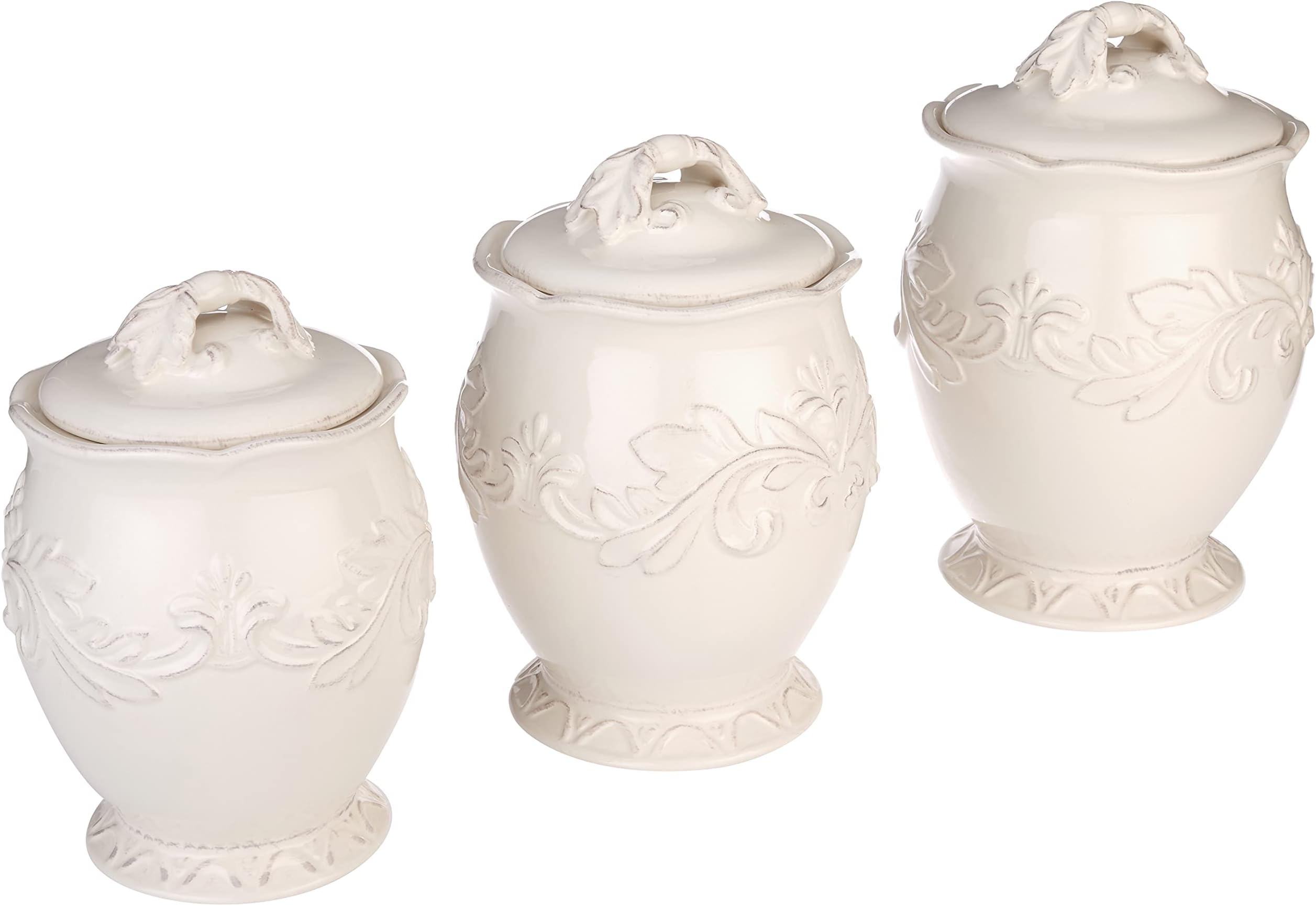 Firenze Ivory 3-Piece Ceramic Canister Set with Lids – Elegant Kitchen Storage Jars for Flour, Sugar, Coffee or Tea – Vintage White Countertop Décor for Farmhouse or French Country Homes