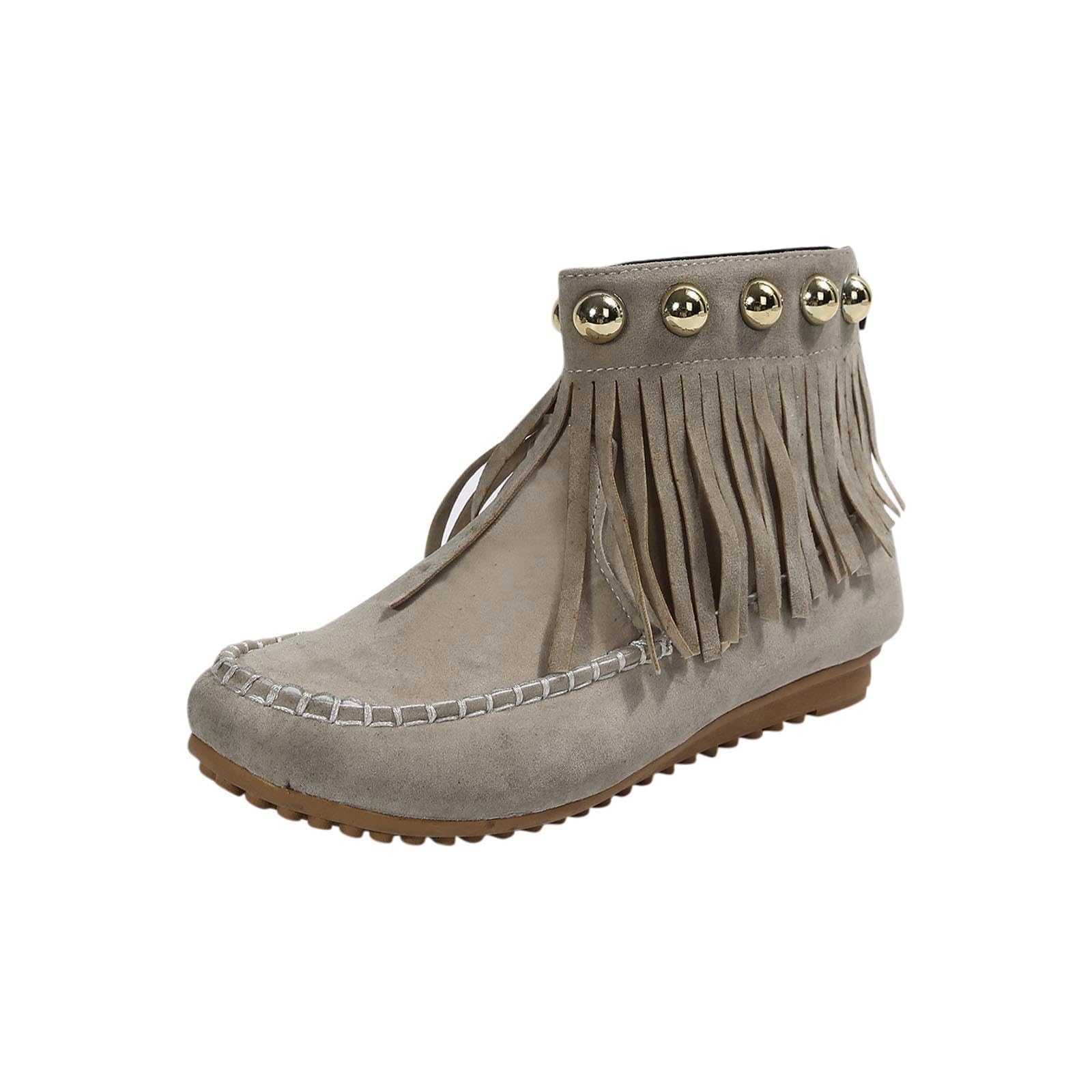 Womens Fringe Boots Western Cowgirl Ankle Boots Suede Flats Pull On Short Boots Tassels Retro Winter Low Heel
