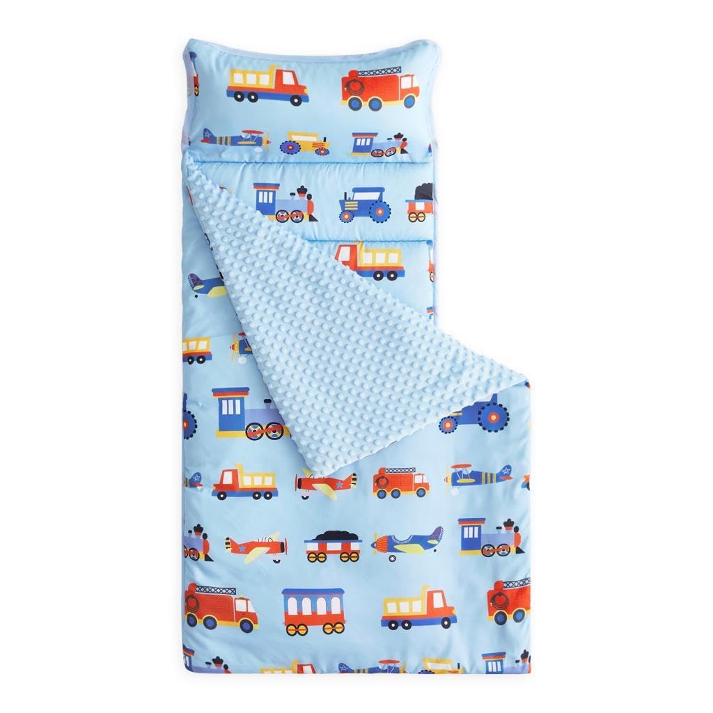 Wake In Cloud - Toddler Nap Mat with Pillow and Minky Fleece Blanket, for Kids Boys Girls in Daycare Preschool Kindergarten, Roll Up Sleeping Bag, Car Airplane Blue, Standard Size