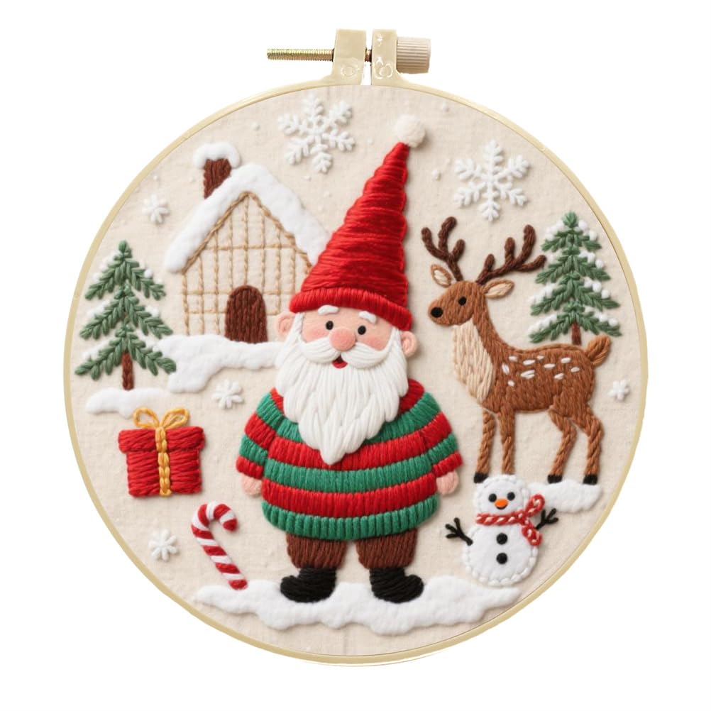 Meecaa Embroidery Kit Starter Set, Gift Santa Deer Christmas Tree Hand Embroidery Set, Pattern Printed Cross Stitch Set for Beginner Adults, with Embroidery Hoop and Instructions (Gift 1)