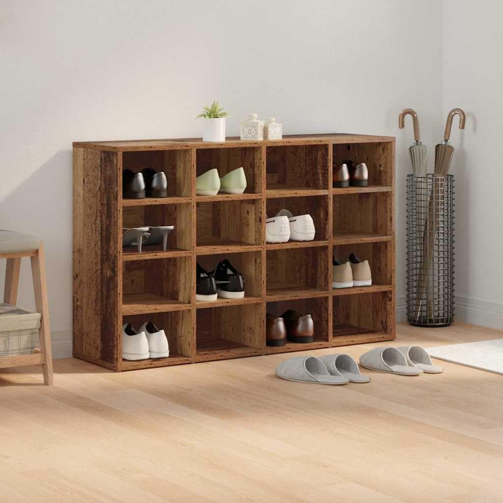 Schuhschrank mit Regal Altholz Holzwerkstoff 103 x 30 x 67 cm, schmaler Schuhständer für Flur Diele, geschlossene Schuhablage mit 16 Regalbrettern, platzsparend