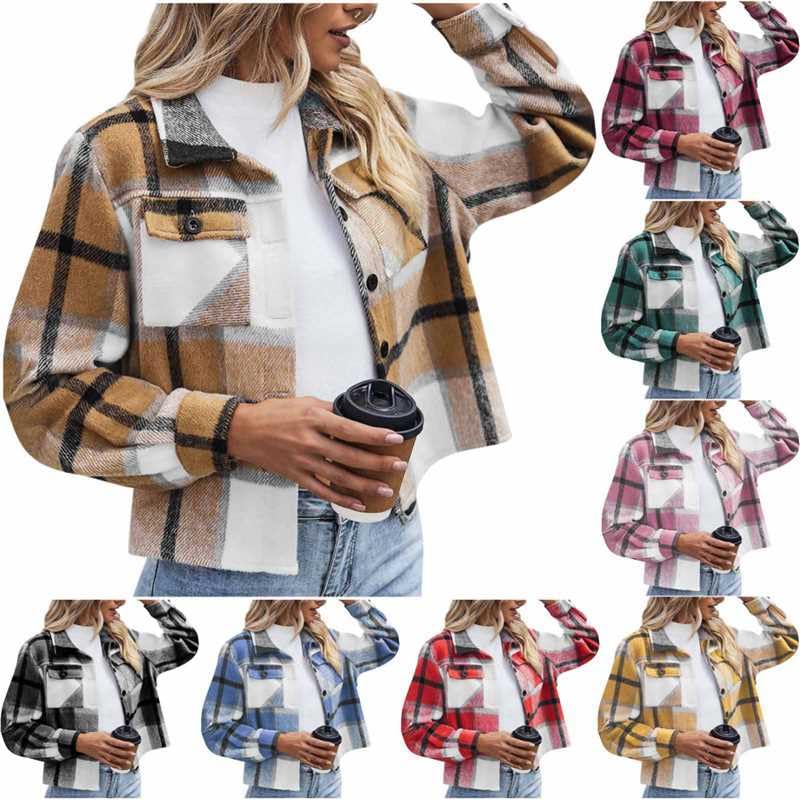 Womens Flannel Shirt Cropped Shacket Jacket 2025 Fall Fashion Lightweight Button Down Plaid Coats with Pockets
