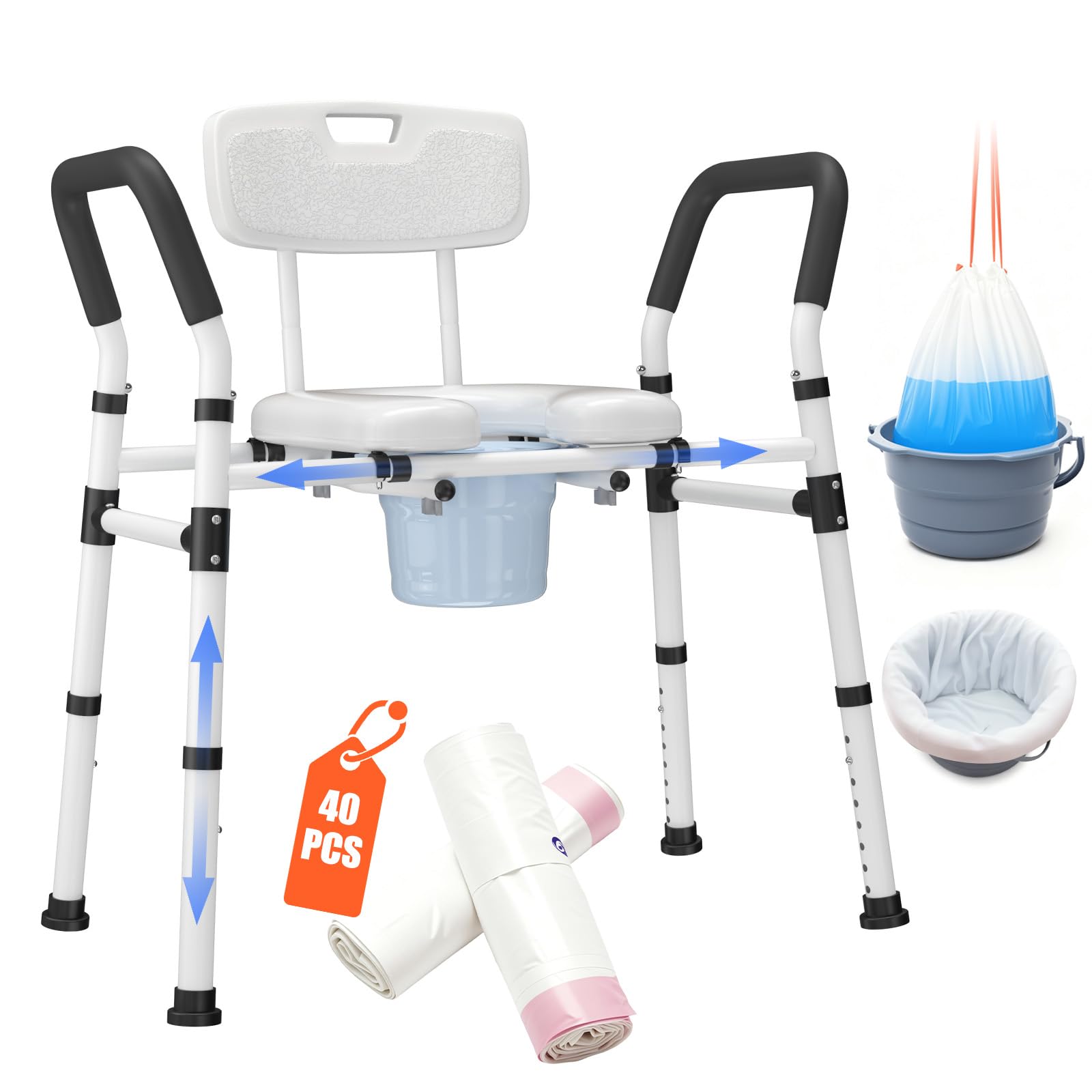 Heavy Duty Extra Wide Bedside Commode with Adjustable Width & Height | 450 lb Capacity, Padded Seat & Backrest, Includes 40 Commode Liners, Quick Setup & Cleanup, Potty Chair for Adults & Seniors