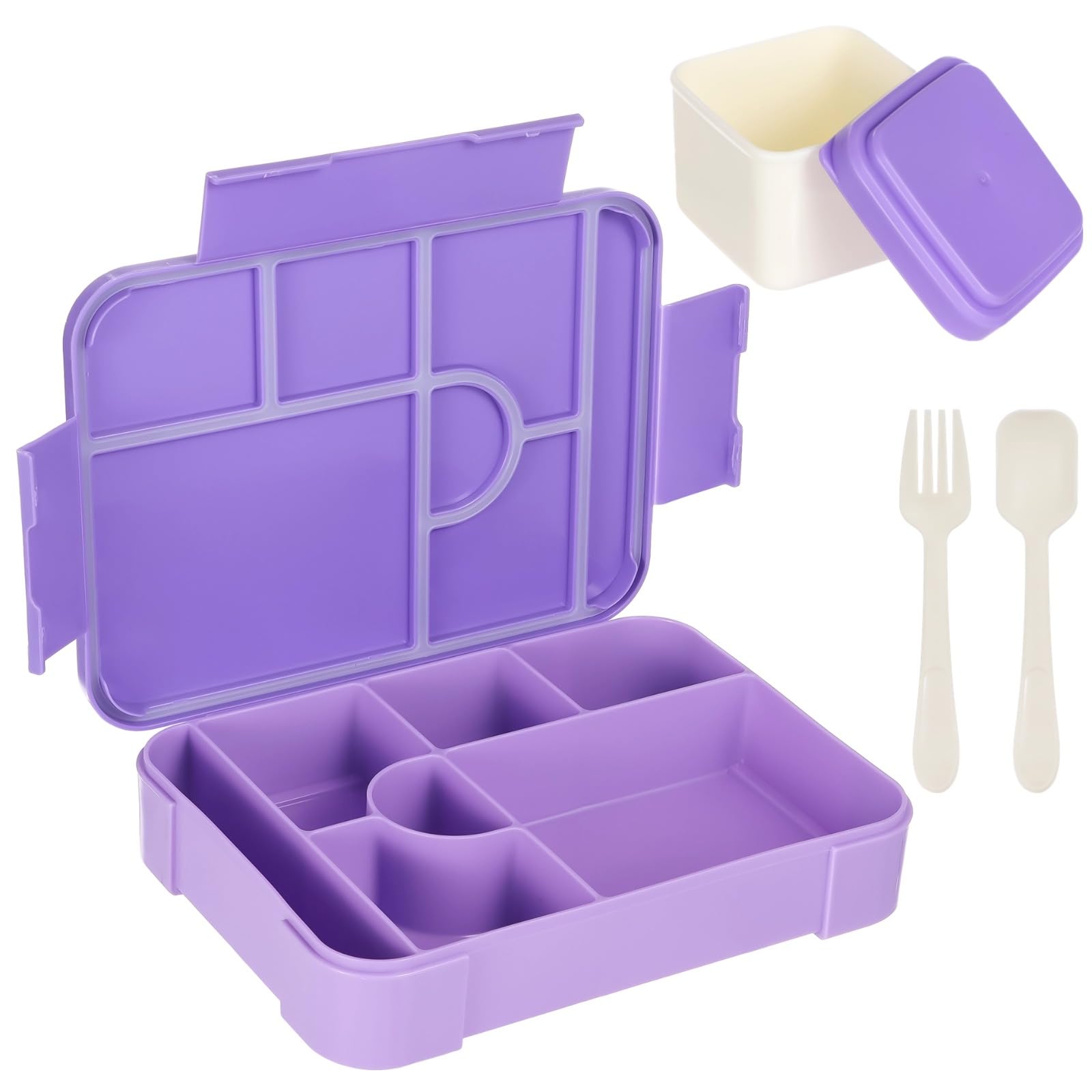 Bento-Box in Lila, Lunchbox mit 7 Fächern und Soßendose, Löffel und Gabel, 44,98 fl oz, auslaufsicher, leicht, einfach zu reinigen, wiederverwendbarer Snackbehälter für Arbeit und Picknick