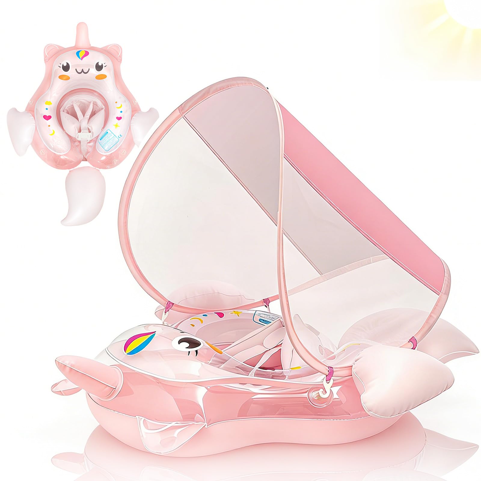 Newborn Baby Swimming Float with Canopy 0-6 Months Inflatable Baby Pool Float 6-12 Months,Pink Unicorn Baby Inflatable Seat Swimming Ring Water Floats Baby Swim Floats Ring for Toddlers Infant Babies