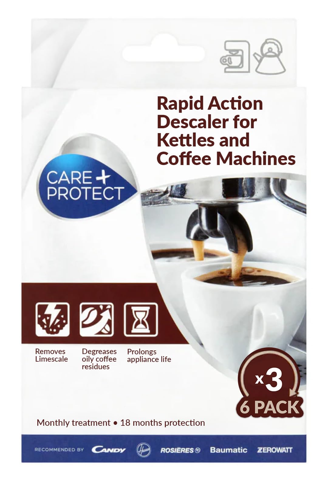 Care+Protect Kettle and Coffee Machine Descaler - Powelful - Universal - Removes Limescale and Residues of Coffee and Tea - 6x3 - 18 Treatments