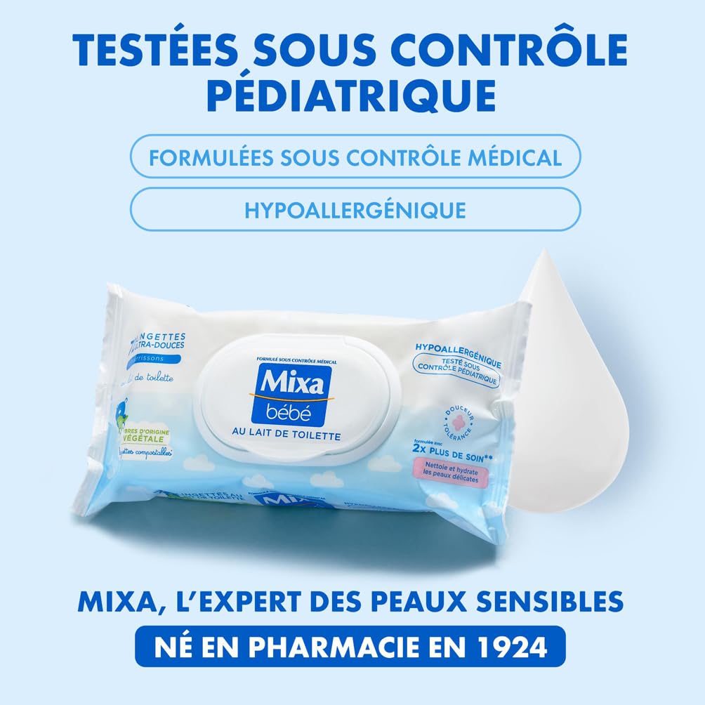 Mixa Bébé Lingettes au Lait de Toilette - Peaux Délicates Nourrissons - À l’Huile d’Amande Douce, Vitamine E et Glycérine - Hypoallergéniques - Lingettes Compostables - Lot de 12 x 72, 864 Lingettes