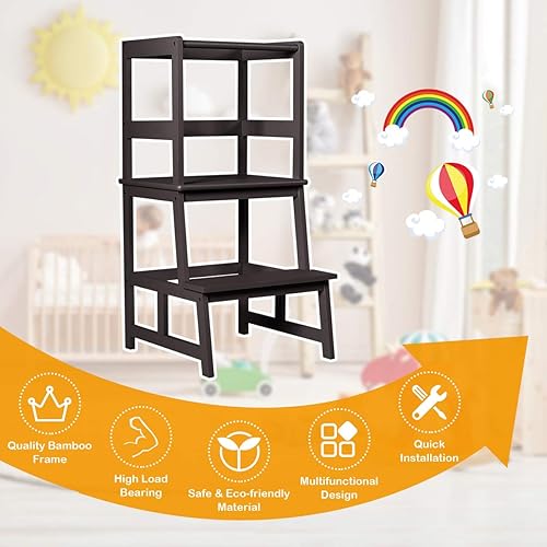 Miniatura 8 de Costzon Taburete de cocina para niños con riel de seguridad, taburete de cocina para niños pequeños con construcción de bambú macizo, soporte para