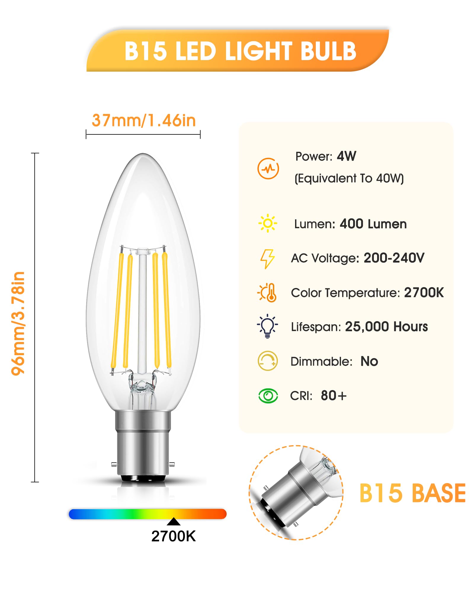 Flaspar Small Bayonet Light Bulb, 4W B15 LED Filament Candle Bulb 40W Incandescent Bulbs Equivalent, 2700K Warm White - Image 2