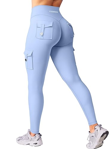 YEOREO CoreFlex Workout Cargo Leggings with Pockets for Women Hidden Scrunch Butt Lifting Leggings Gym Yoga Pants - 4 Pockets 25" Inseam - X-Small - Light Blue