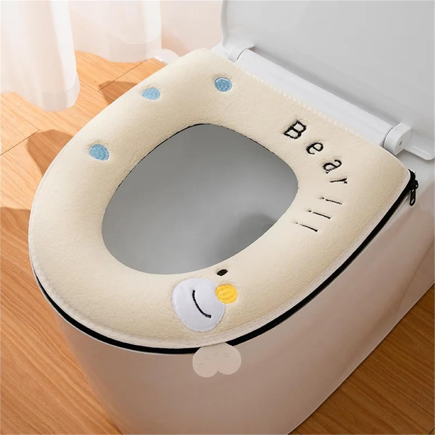 Home cute soft toilet seat pad autumn winter universal mat covers thick back Pu waterproof portable warm potty cushion(Beige-1)