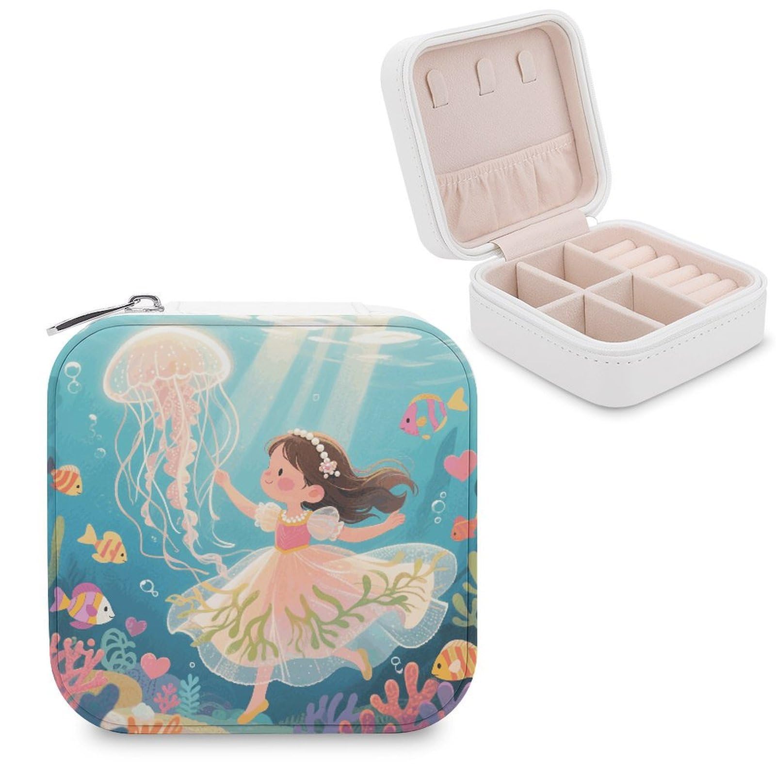 VstaDank Jellyfish in The Ocean Jewelry Organizer Travel Case for Women With Zipper Mini Jewelry Case PU Leather Jewelrys Box for Rings Necklaces Bracelets Earring Holder Organizer Storage