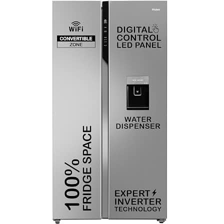 Haier 596 L 3 Star Frost Free Expert Inverter Smart Sense AI enabled 2-Door Side by Side In-built Water Dispenser Refrigerator (HRS-682SWDU1, Shiny Silver, Magic Convertible)